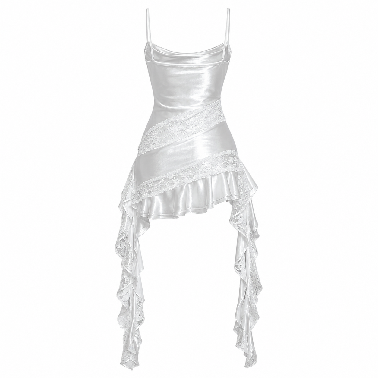 Ethereal White Satin Lace Cascade Mini Dress