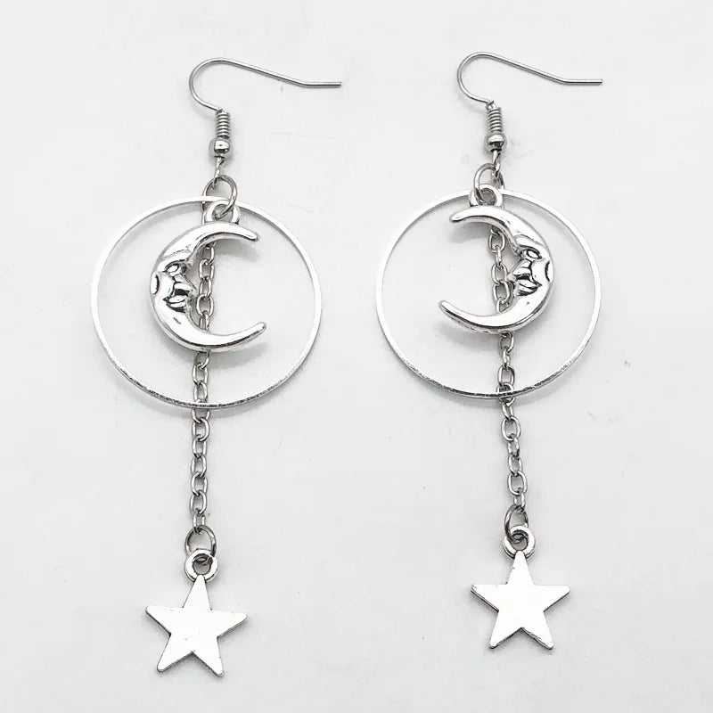 Fairycore Crescent Moon and Star Drop Earrings