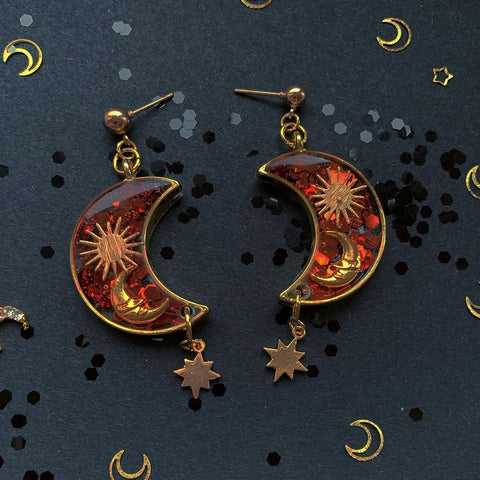 Vintage Sun Moon Stars Resin Art Earrings