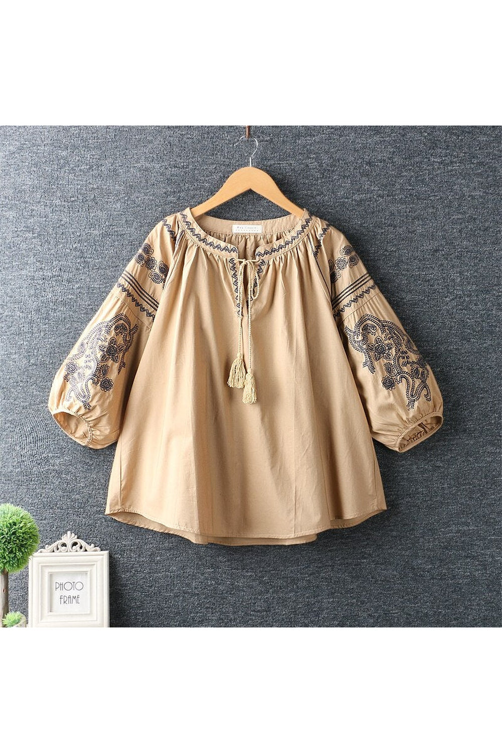 Ethnic Lace-Up Lantern Blouse