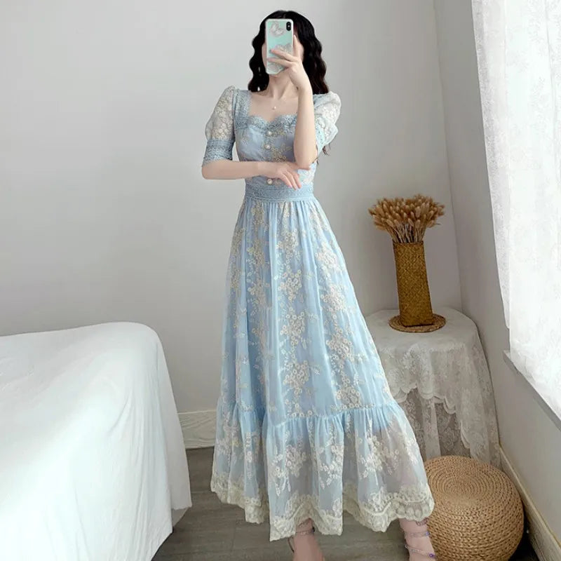 Vintage Puff Sleeve Blue Lace Dress