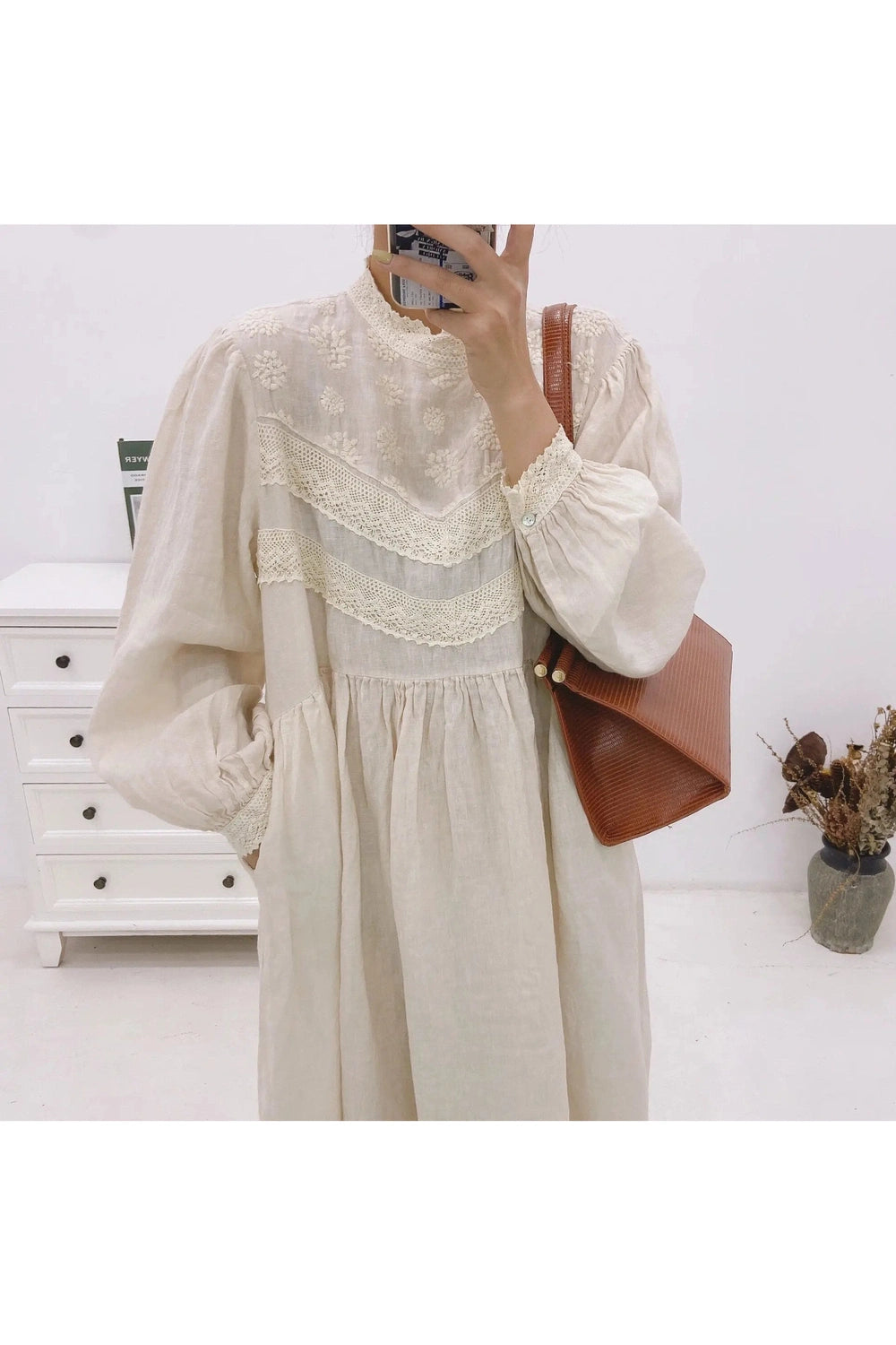 Johnature Floral Linen Ruffle Dress cottagecoreclothes