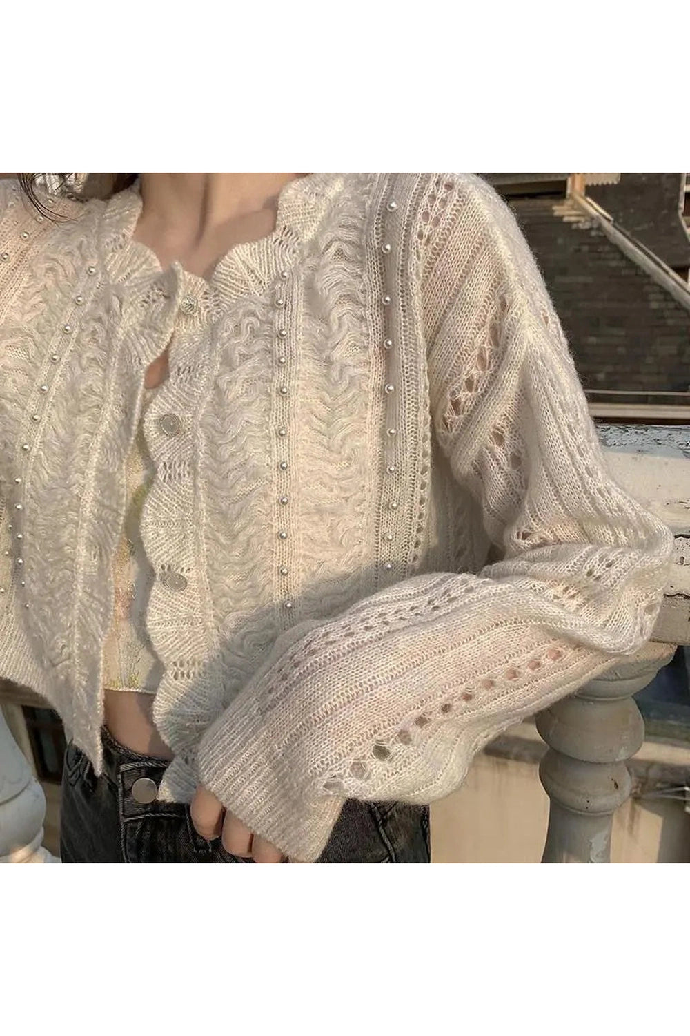 Vintage Pearl-Embellished Knit Fall Cardigan