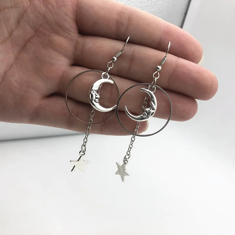 Fairycore Crescent Moon and Star Drop Earrings