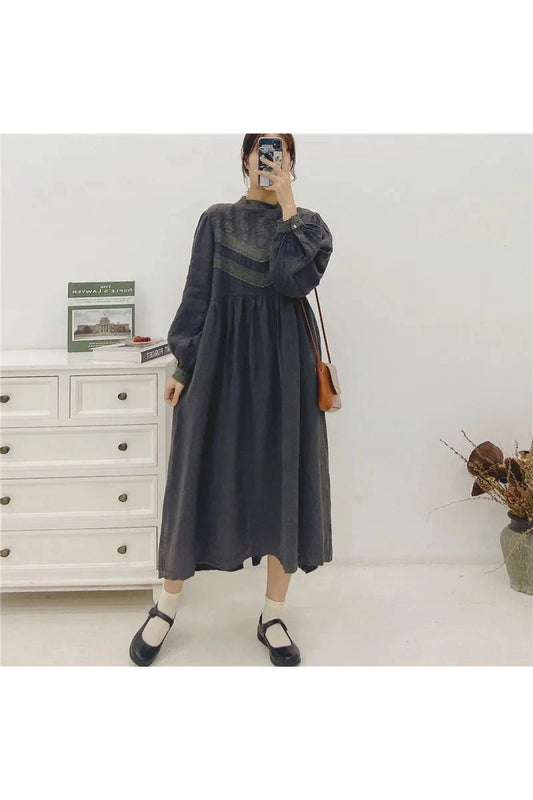 Johnature Floral Linen Ruffle Dress cottagecoreclothes