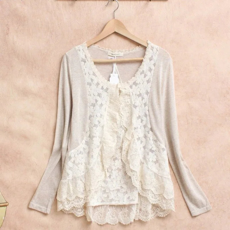 Mori Girl Layered Lace Ruffle Shirt in Oatmeal