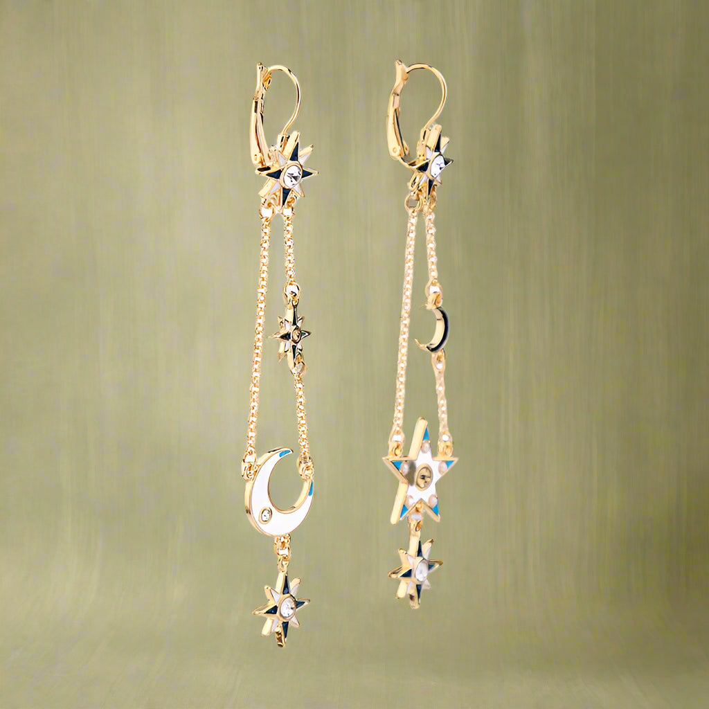 Celestial Star and Moon Chain Drop Earrings cottagecoreclothes