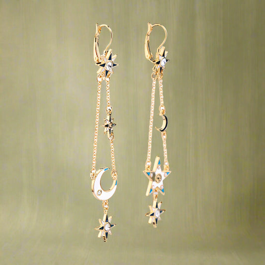 Celestial Star and Moon Chain Drop Earrings cottagecoreclothes
