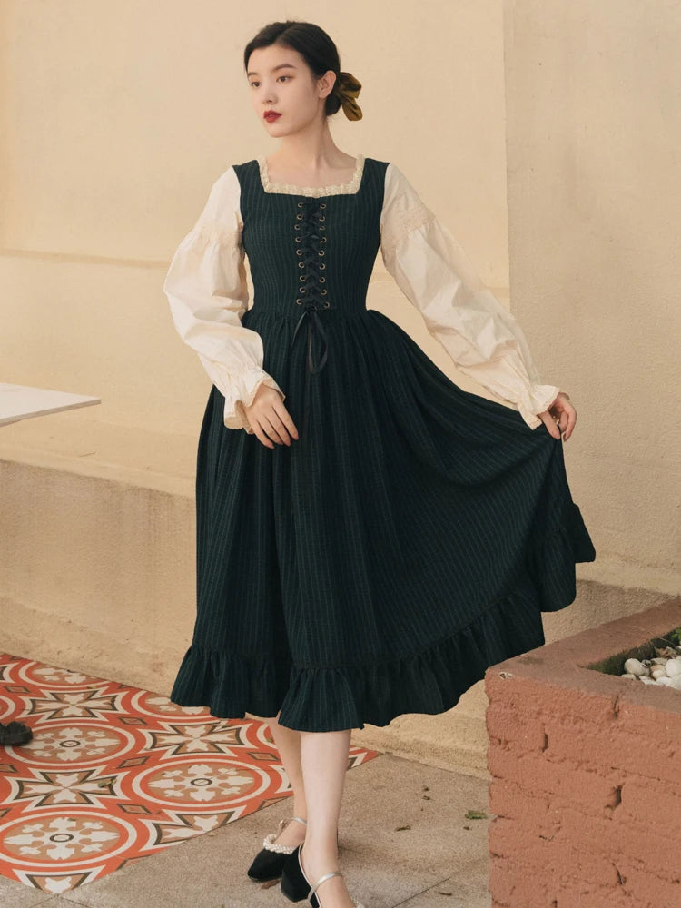Dark Cottagecore Pinstripe Lace-Up Midi Dress