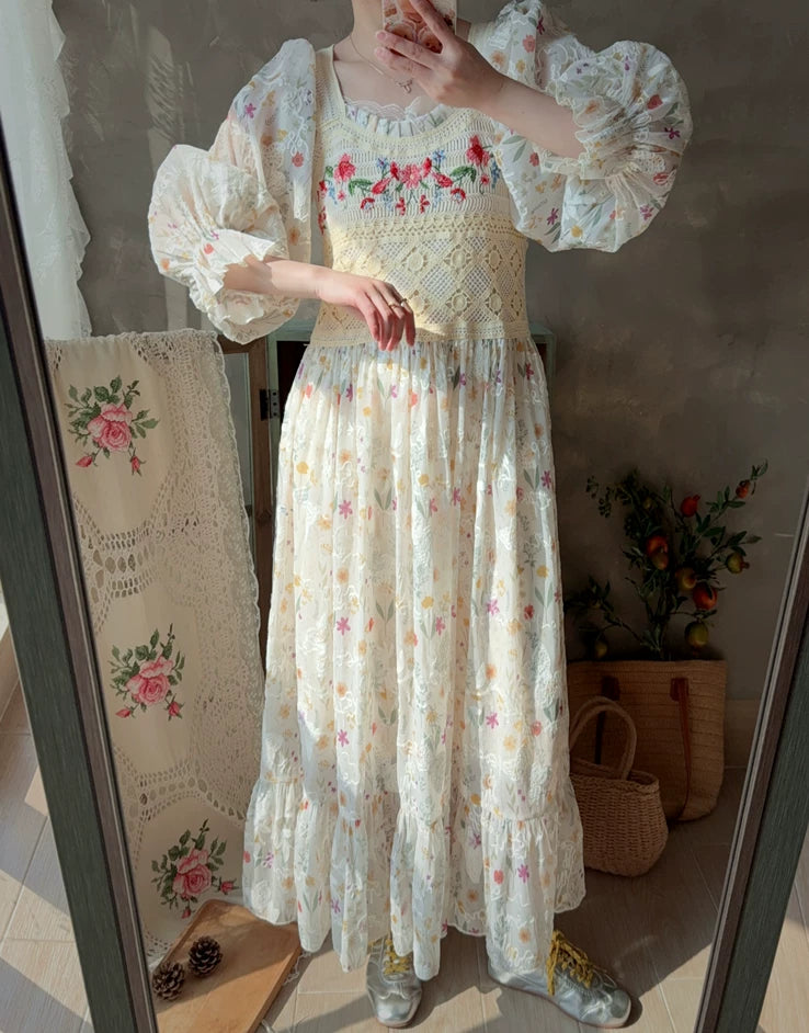 Prairie Embroidered Floral Lace Midi Dress