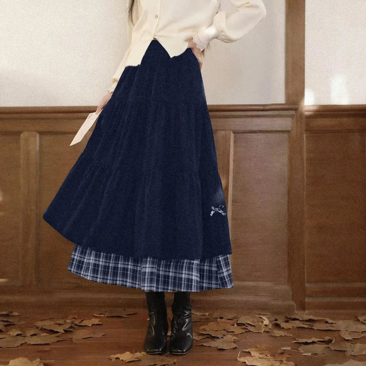 Corduroy Plaid Bow Long Skirt