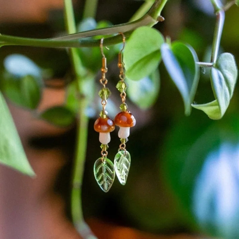 Goblincore Mushroom & Leaf Crystal Drop Earring