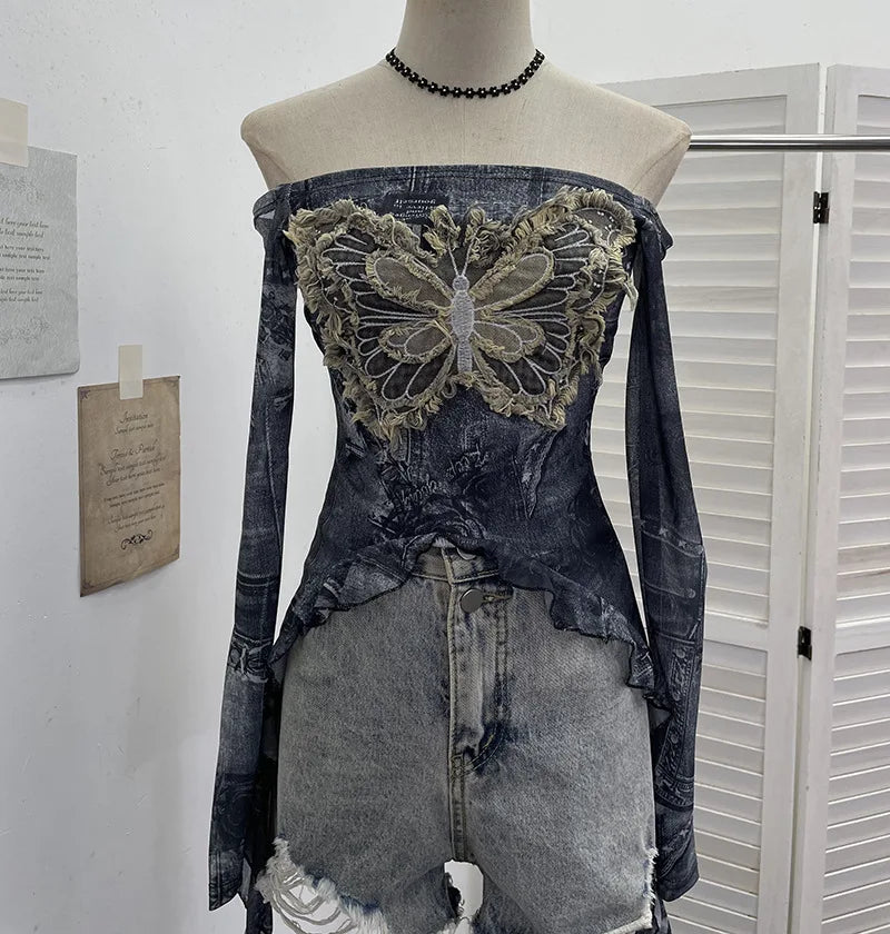 Fairy Grunge Ashen Butterfly Ruffle Mesh Top