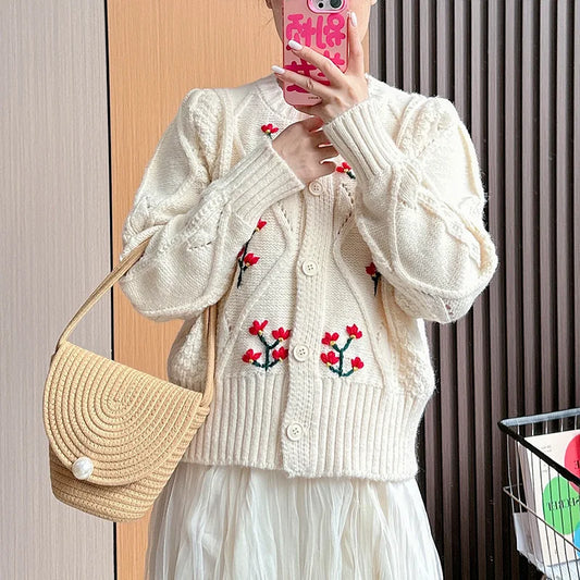 Mori Girl Tiny Red Bloom Cable Knit Cardigan