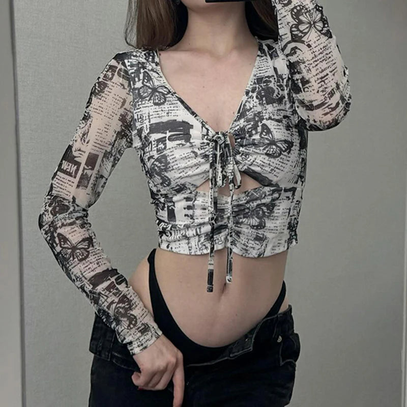 Grungecore Butterfly Print Cut-Out Top