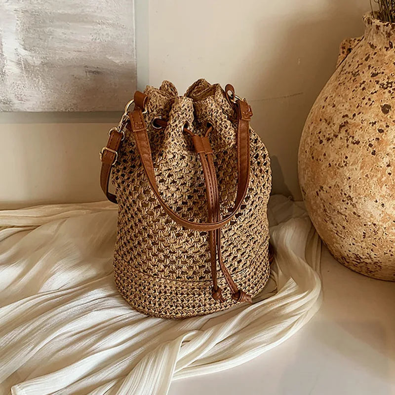 Cottagecore Woven Straw Drawstring Bucket Bag
