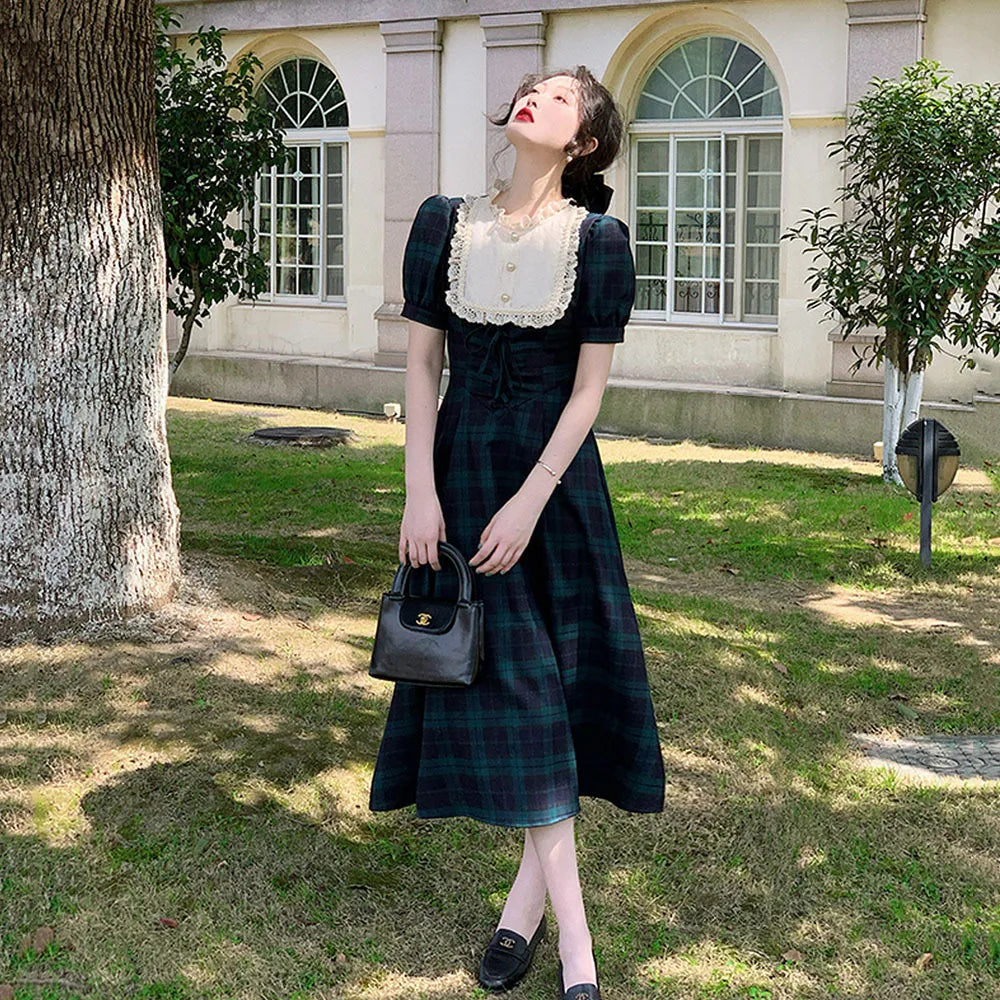 Vintage Plaid Puff Sleeve Midi Dress