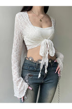 Vintage Lace-Up Flared Sleeve Wrap Blouse