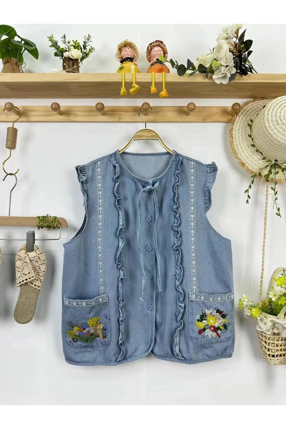 Embroidered Denim Mori Fall Vest