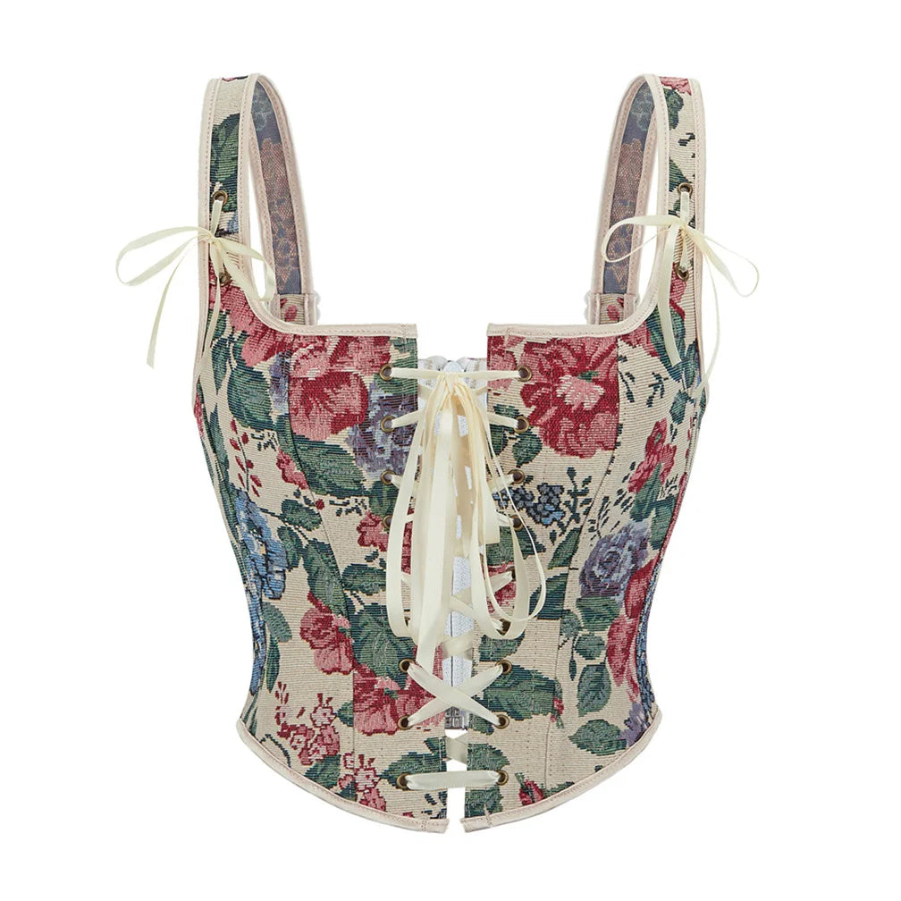 Vintage Aesthetic Tapestry Floral Lace-Up Corset