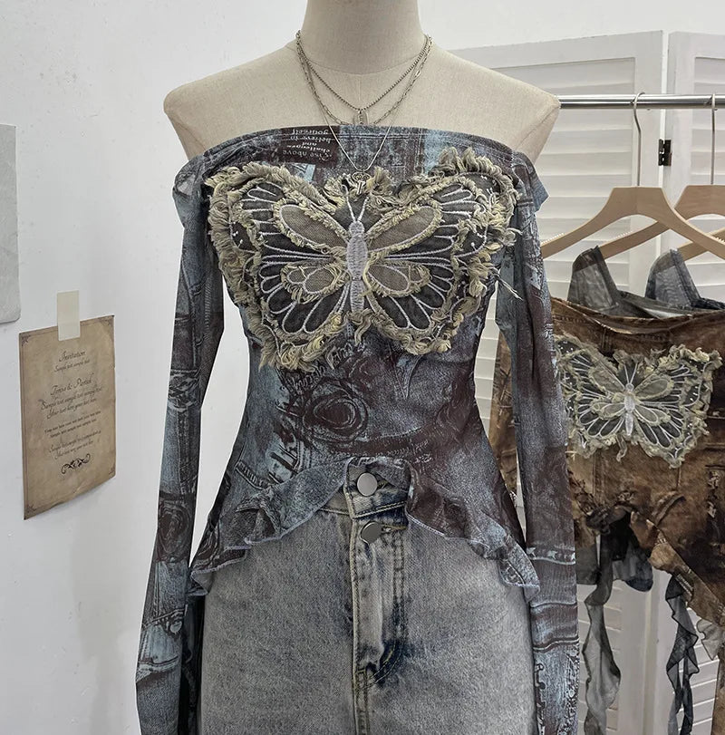 Fairy Grunge Ashen Butterfly Ruffle Mesh Top