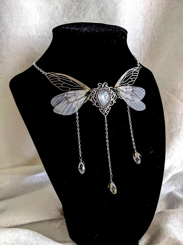 Fairycore Crystal Winged Pendant Necklace