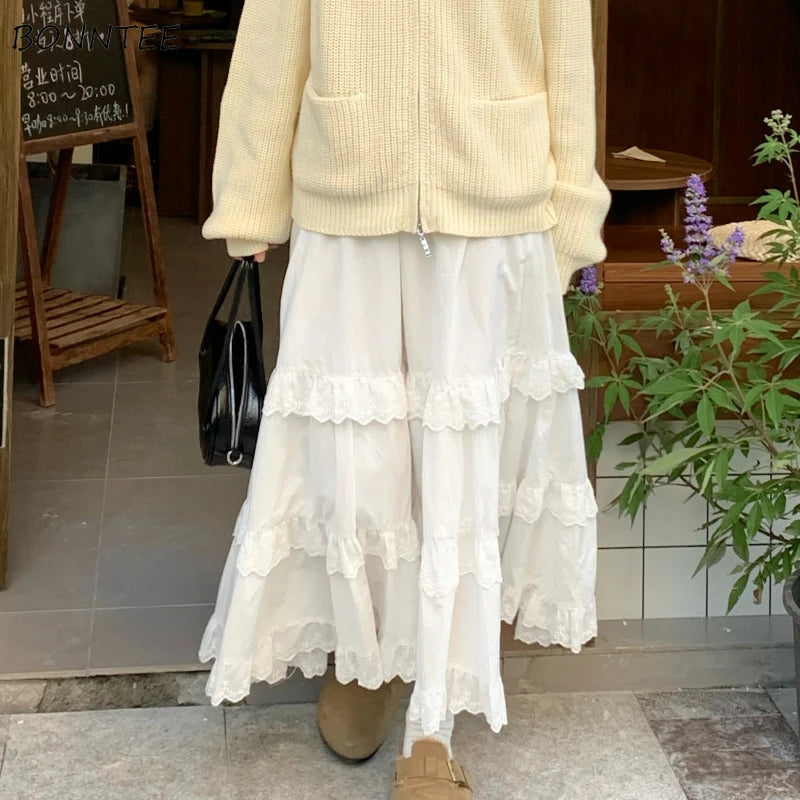 Prairie Eyelet Lace Tiered Maxi Skirt in White