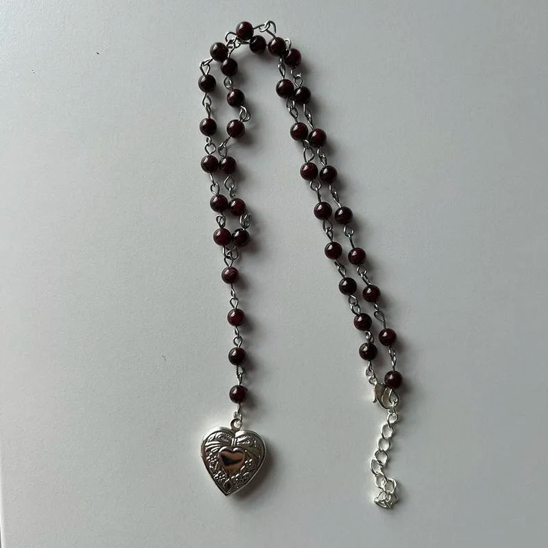 Vintage Heart Rosary-Style Necklace