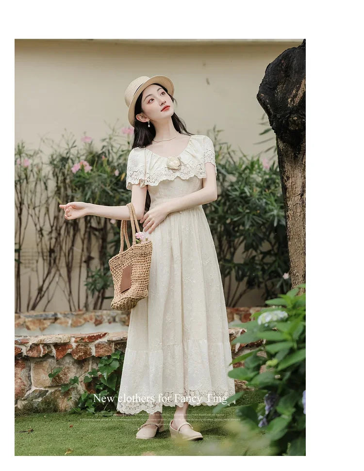 Cottagecore Rosette Lace Cape Midi Dress - ottagecore clothes Cottagecore Rosette Lace Cape Midi Dress - ottagecore clothes