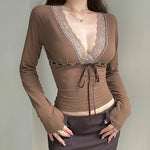 Vintage Mocha Lace Trim Tie-Front Top