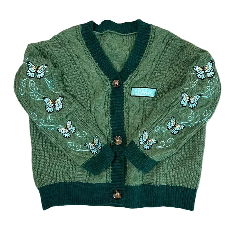 Goblincore Moss & Butterfly Embroidered Cable Knit Cardigan