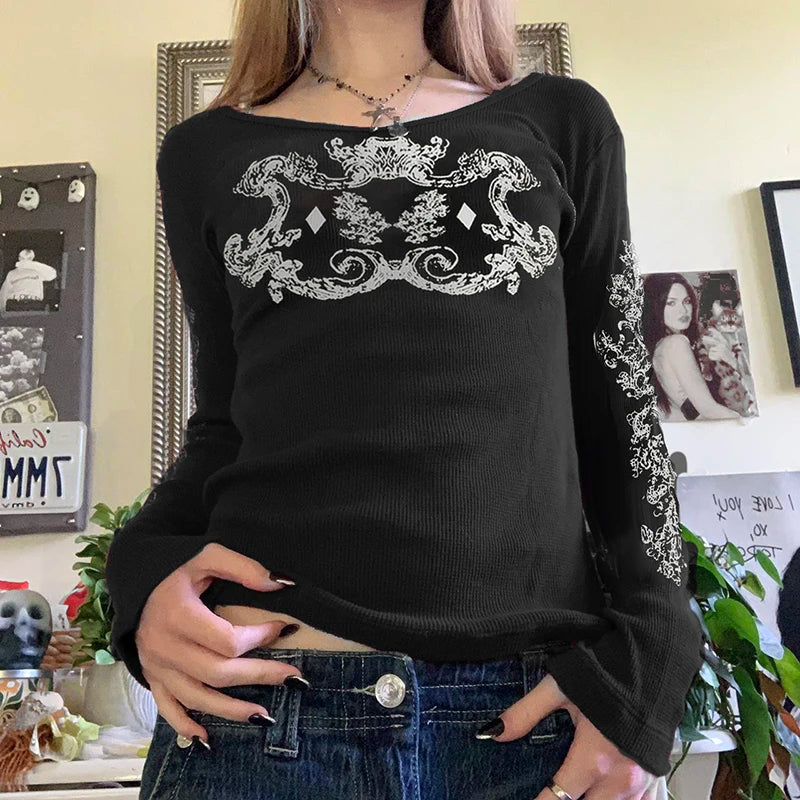 Blusa vintage com estampa de crista e manga sino