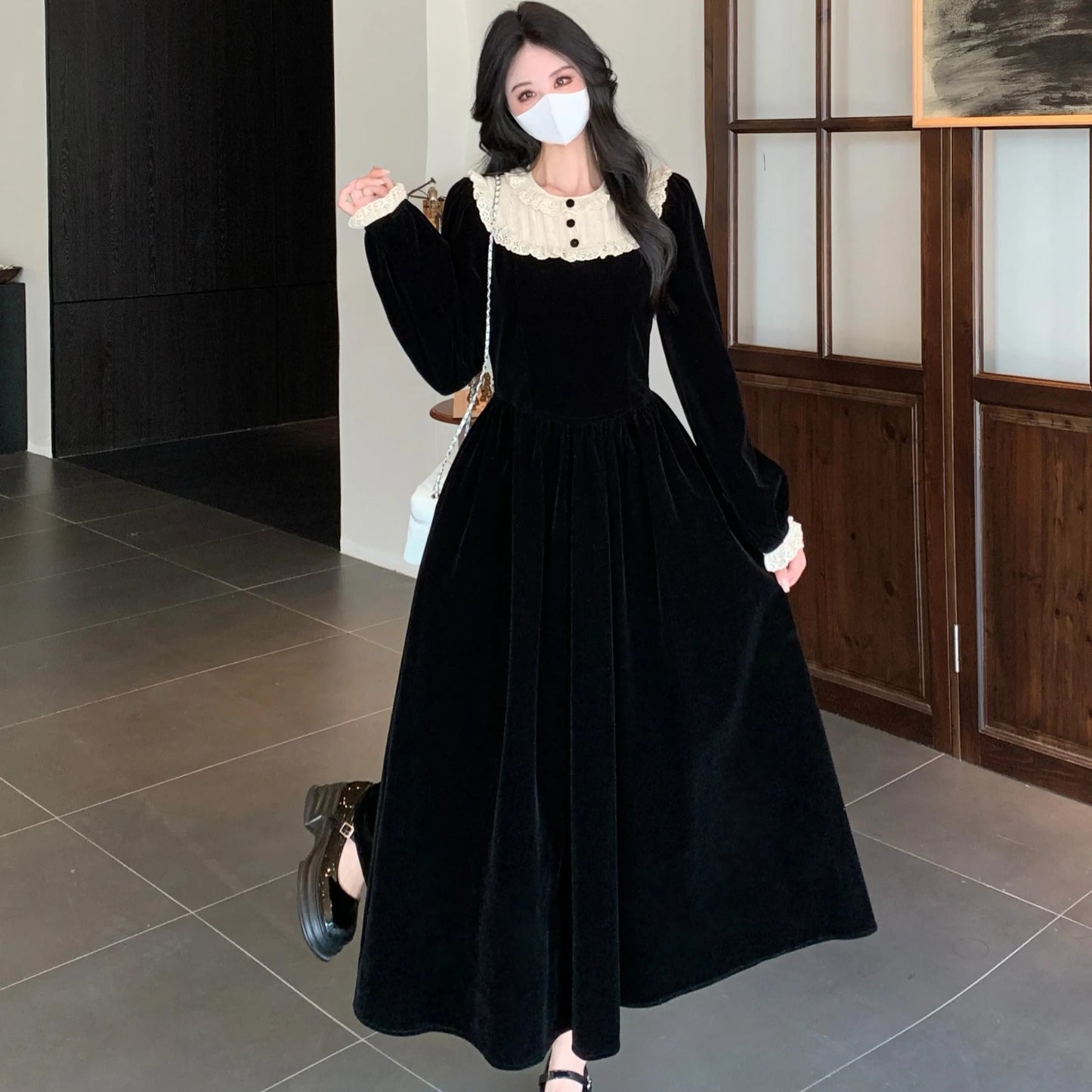 black cottagecore dress Dark Cottagecore Collar Velvet Maxi Dress