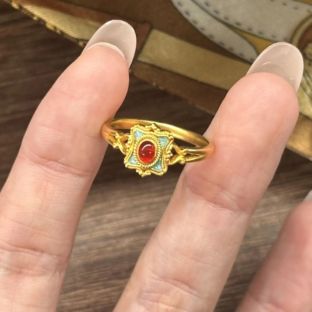 Vintage Aesthetic Crimson Cabochon Enamel Gold Ring