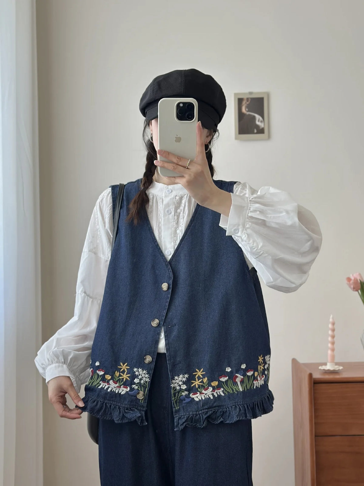 Blue Embroidered Denim Vest