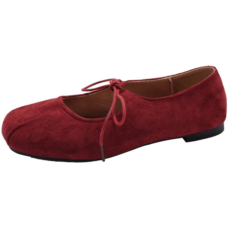 Vintage Aesthetic Crimson Suede Bow Dress Flat