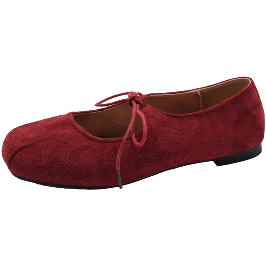 Vintage Aesthetic Crimson Suede Bow Dress Flat