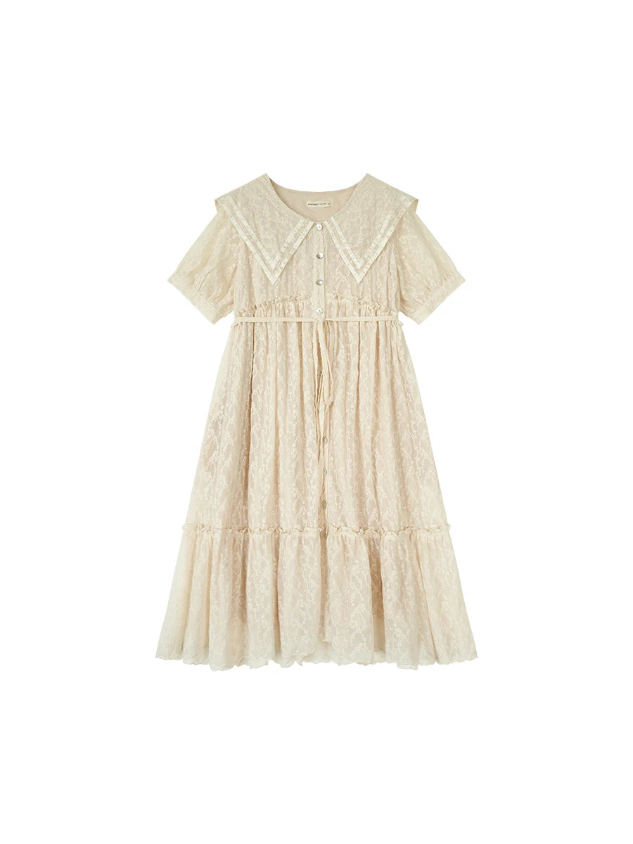 Mori Girl Cream Lace Sailor Collar Midi Dress