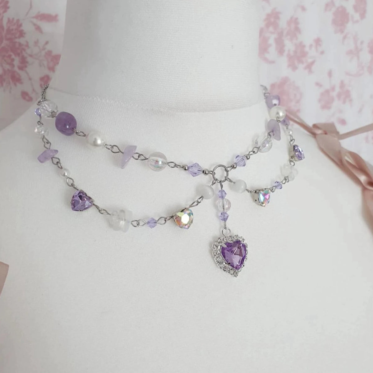 Fairycore Amethyst Heart Layered Necklace