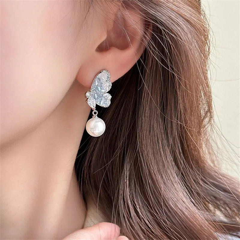 Ethereal Crystal Butterfly & Pearl Drop Earring