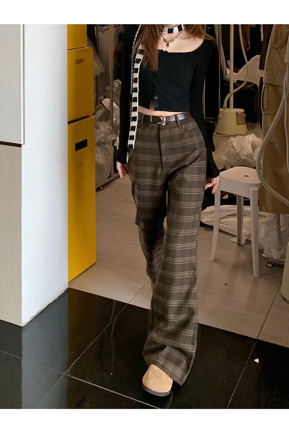 Retro High Waist Plaid Pants