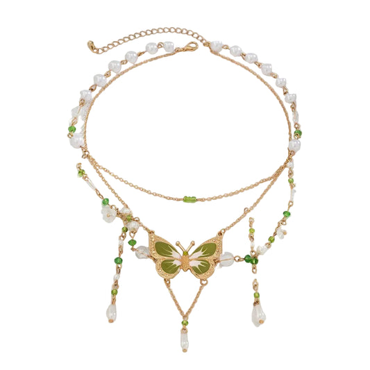 Fairycore Green Butterfly Pearl Necklace