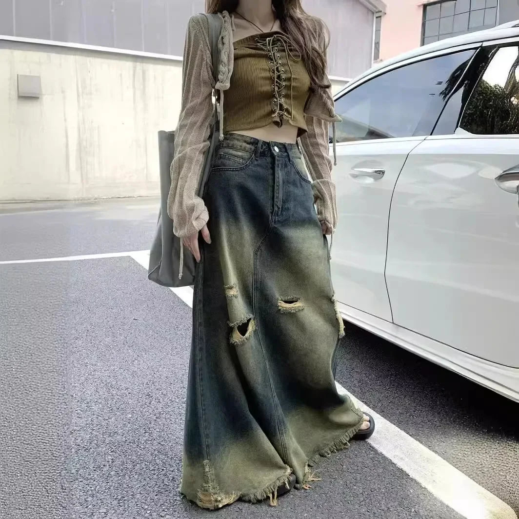 Grunge Distressed Denim Maxi Skirt