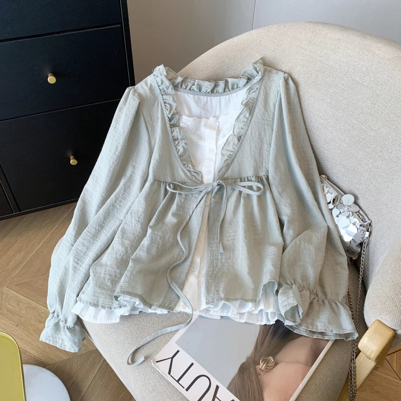 Mori Girl Layered Ruffle Tie-Front Shirt