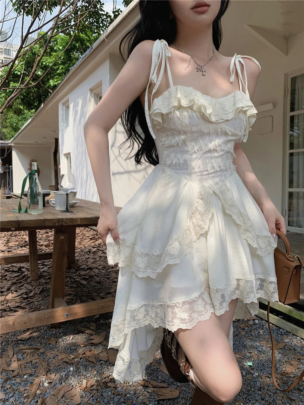 Angelcore Ruffle Tie Strap Mini Dress