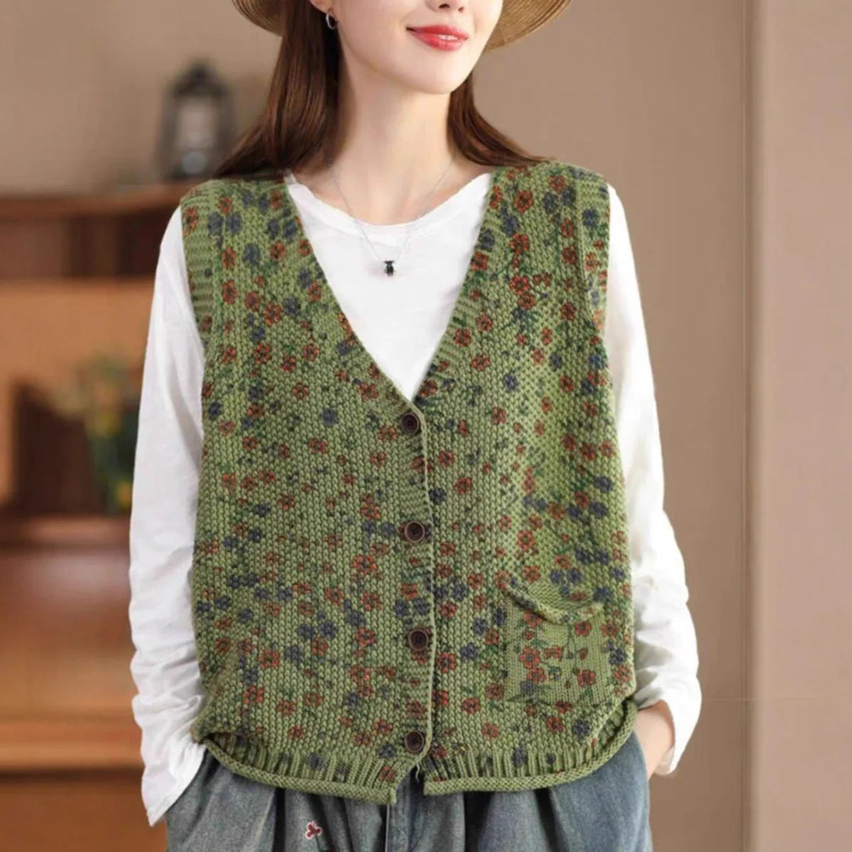 Goblincore Woodland Fleck Knit Button Vest