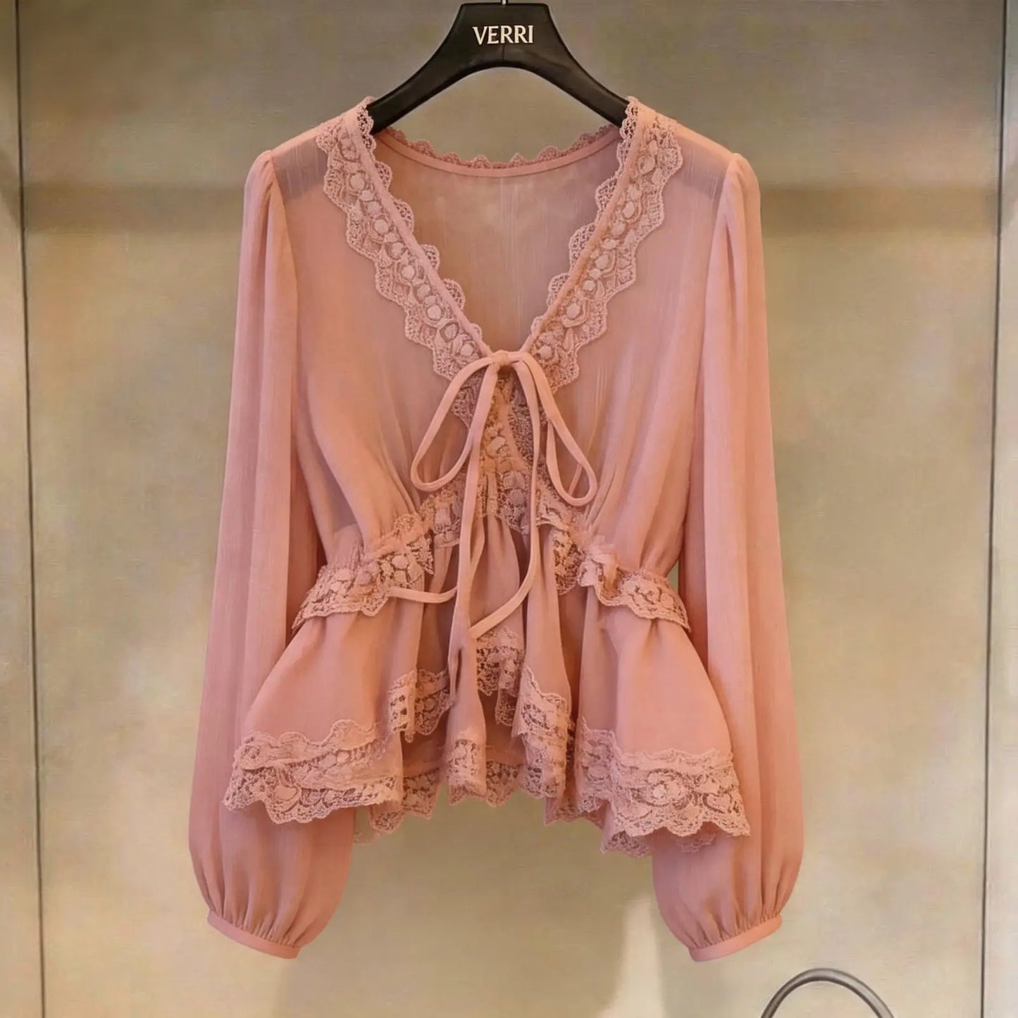 Ethereal Lace-Trimmed Tie-Front Blouse