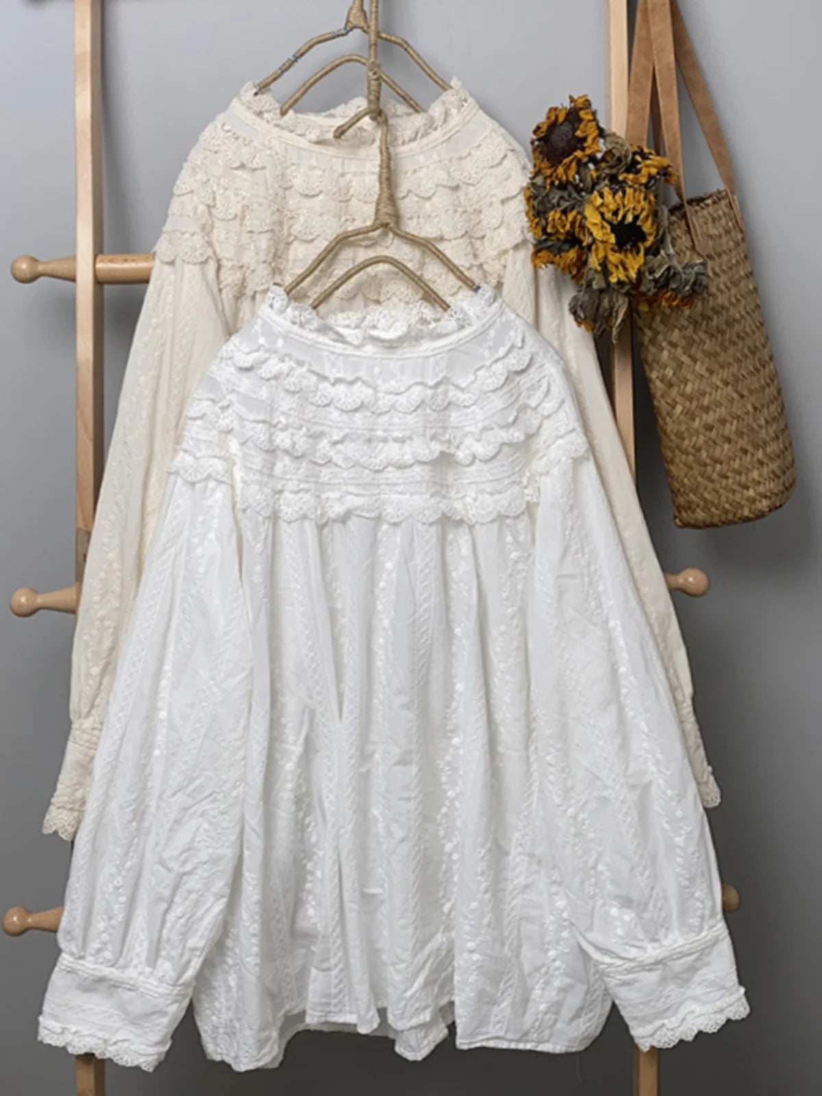 Mori Girl Lace Yoke Peasant Blouse