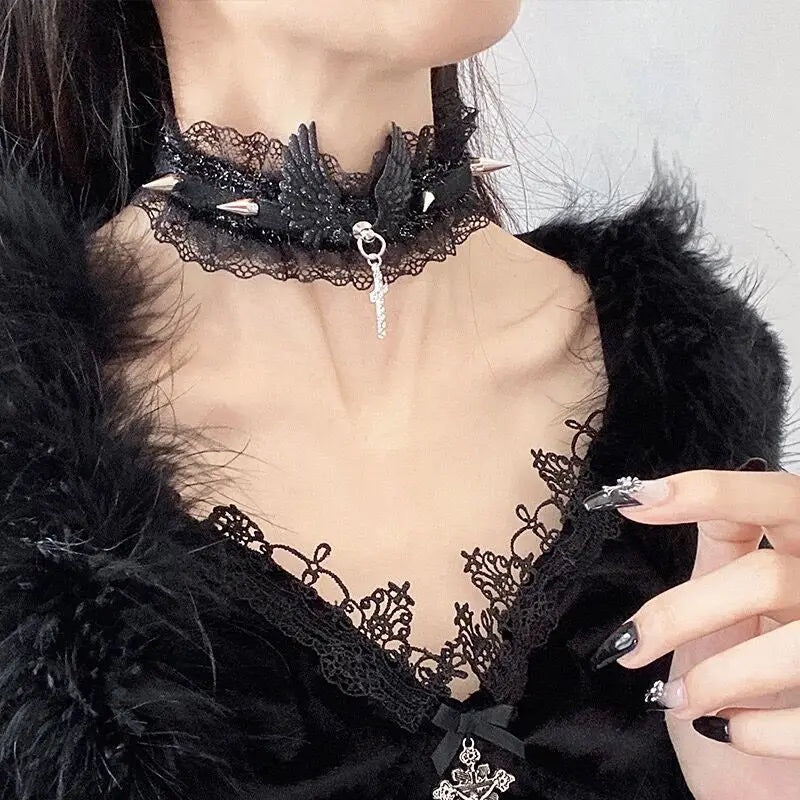 Victorian Lace Cross Pendant Choker