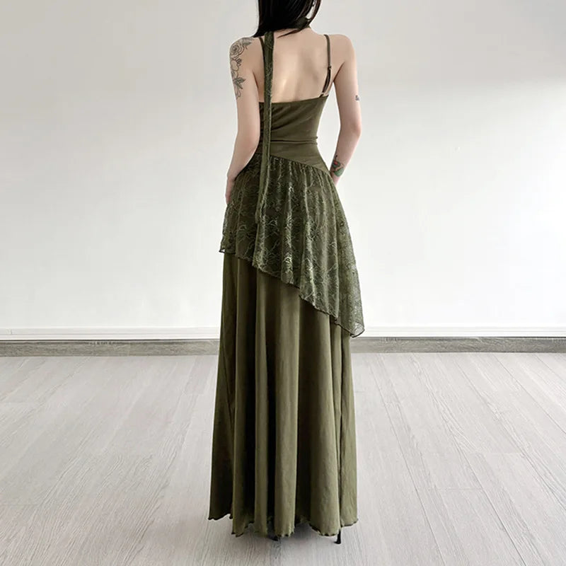 Fairy Grunge Moss Lace Halter Maxi Dress